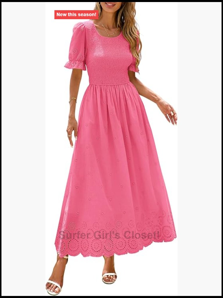 Women's Maxi Smocked Eyelet Dress Short Puff Sleeve Bohemian Flowy Wedding